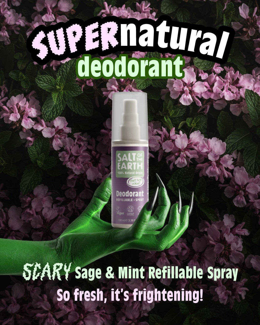 Halloween-themed image showing Salt of the Earth Sage & Mint natural refillable deodorant spray held by a green hand among purple flowers, promoting the ‘SUPERnatural’ deodorant campaign.